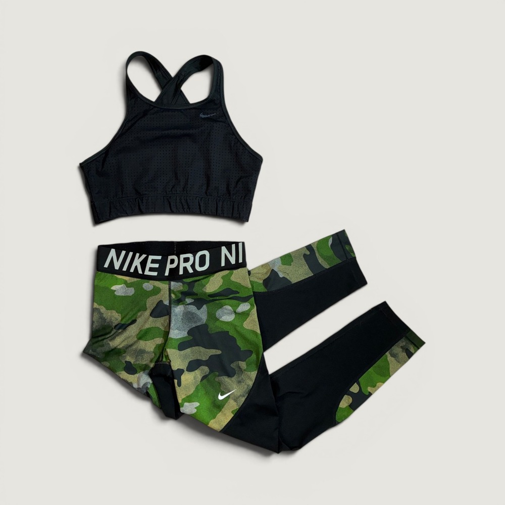 Nike bundle Pro Activewear Set Women Medium Black Green Camo Bra Leggings 2pc